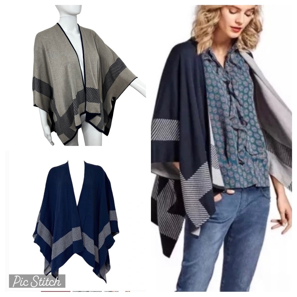 Cabi Reversible Square Cardigan Kimono Sweater Sz XS/S Blues & Neutrals Coastal